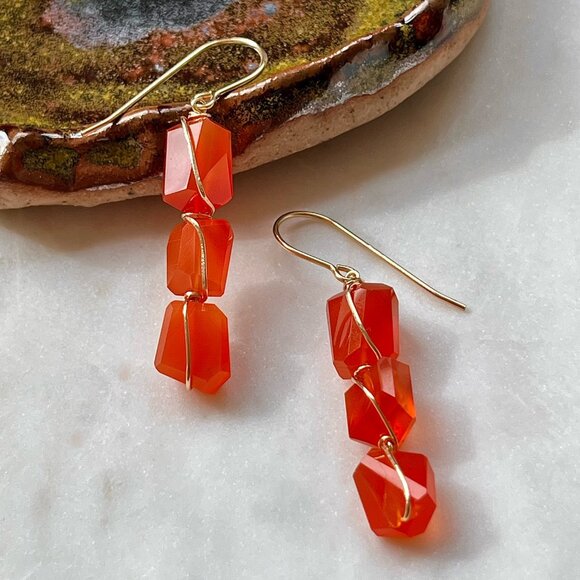 Gold Filled Rough Cut Carnelian Drop Earrings - Picture 3 of 4